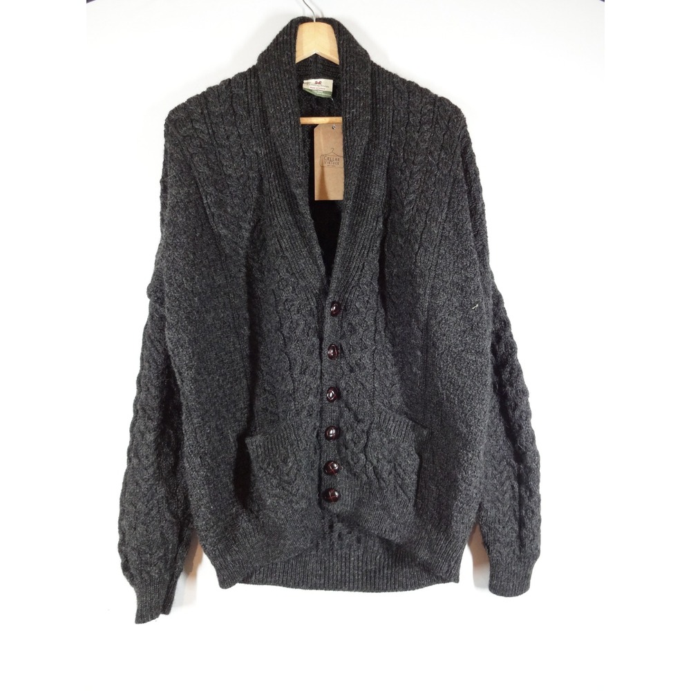 Carraig Donn Cardigan Mens XL Gray Irish Wool Cable Knit Shawl Collar Fisherman